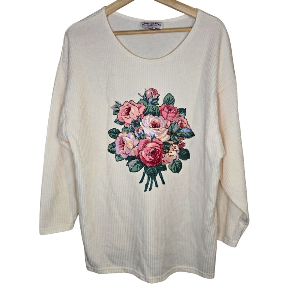 American Born Cream 18W/38 Ribbed Floral Rose Cream Sweater [0256]